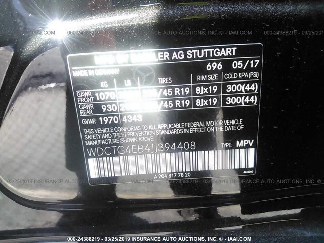 WDCTG4EB4JJ394408 MERCEDES-BENZ GLA 2018 - 8